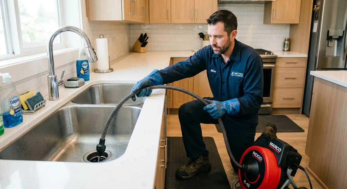 Drain cleaning technician using a motorized snake on a kitchen sink in White Oak