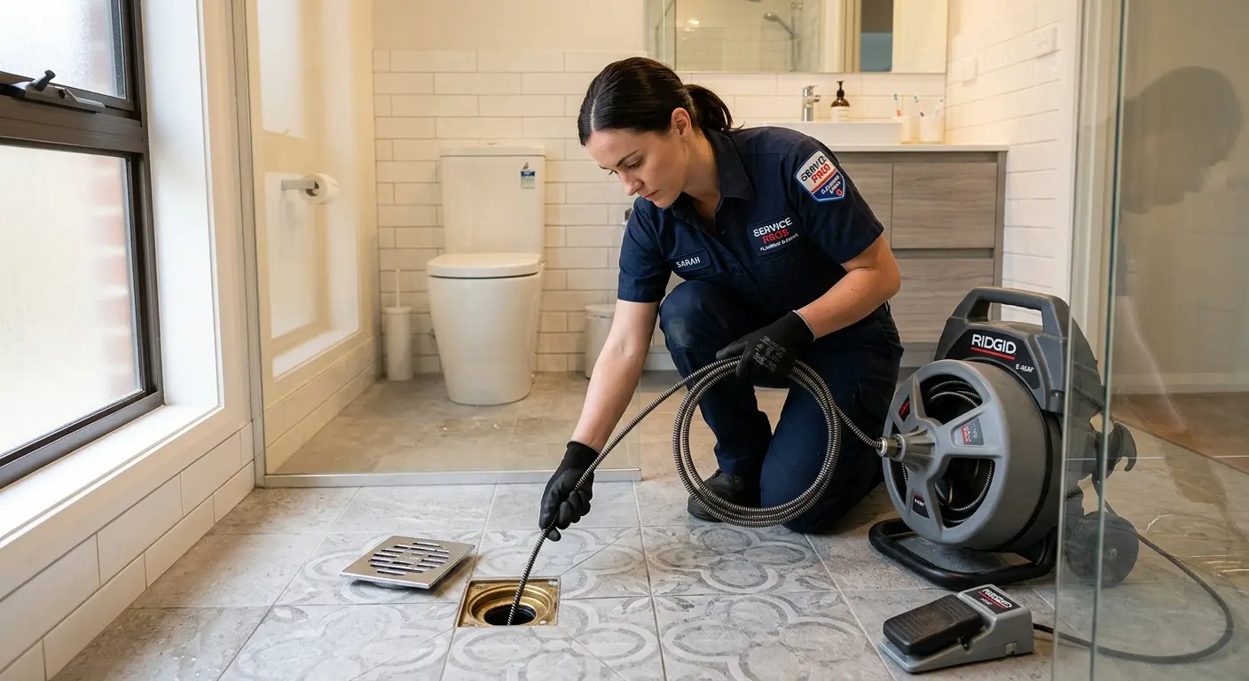 Technician clearing a bathroom floor drain for Hydro Jetting in White Oak
